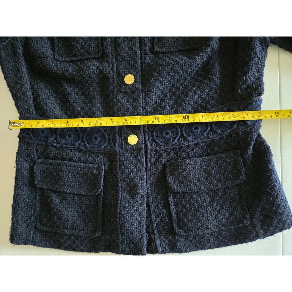 Tory Burch Navy Blue Tweed Lace Trim Jacket Gold Buttons 8  Womens Boucle Blazer - Picture 10 of 13